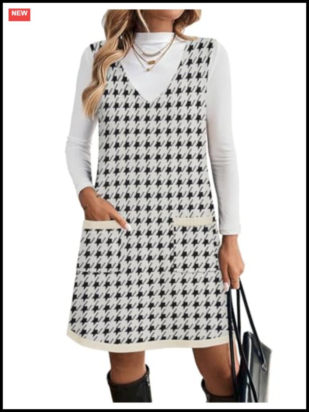 V Neck Sleeveless Knit Sweater Vest Dress A-Line Pullover with Pockets